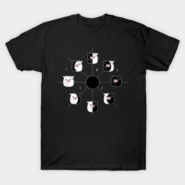 Kawaii Cow Phases of the Moon in Black and White T-Shirt by YourGoods